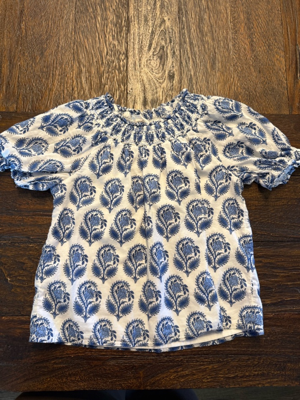Crewcuts White Top with Blue Floral Smock Neck